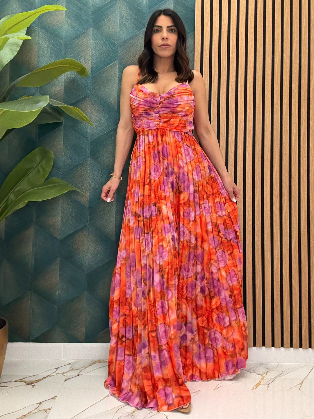 Sunset Siren Maxi Dress – Vibrant Plissé Elegance with Bow-Back Detail (50% OFF)