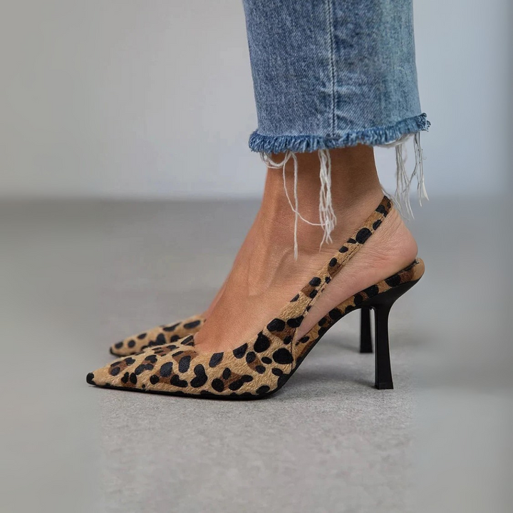 Seda - Pointed Toe Leopard Print Slingback Khaki Stiletto Heels
