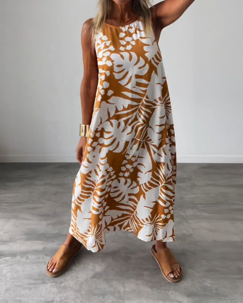 LUCY | Elegant Sleeveless Leaf-Print Midi Dress – Limited Summer Drop