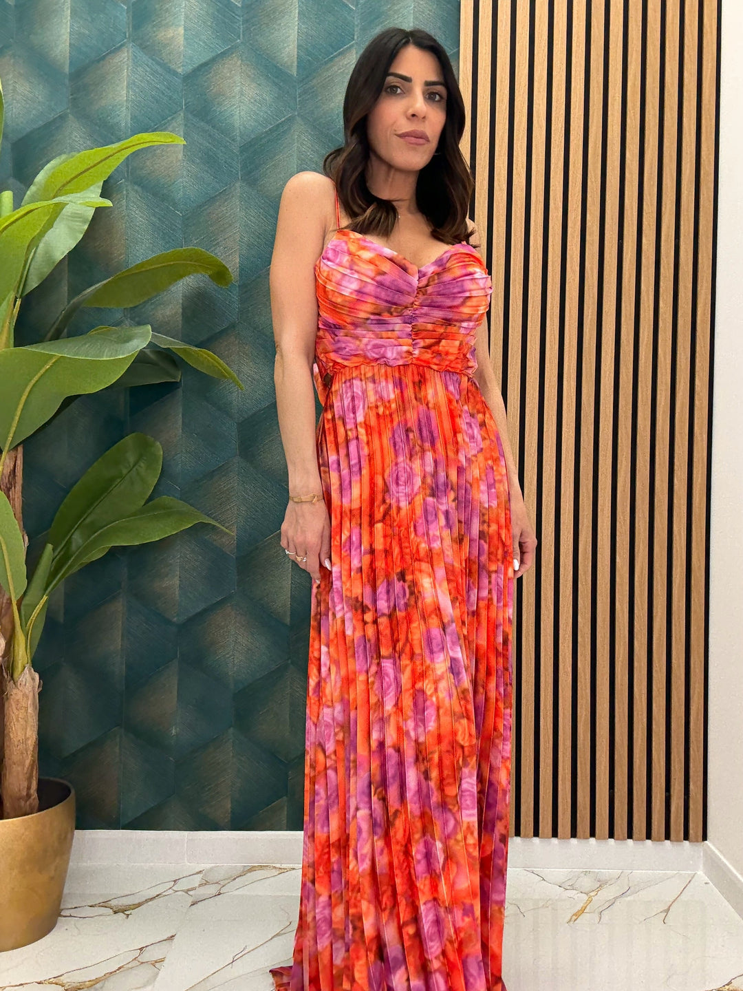 Sunset Siren Maxi Dress – Vibrant Plissé Elegance with Bow-Back Detail (50% OFF)
