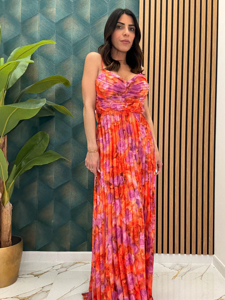 Sunset Siren Maxi Dress – Vibrant Plissé Elegance with Bow-Back Detail (50% OFF)
