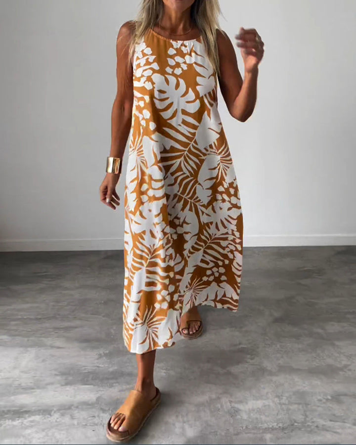 LUCY | Elegant Sleeveless Leaf-Print Midi Dress – Limited Summer Drop