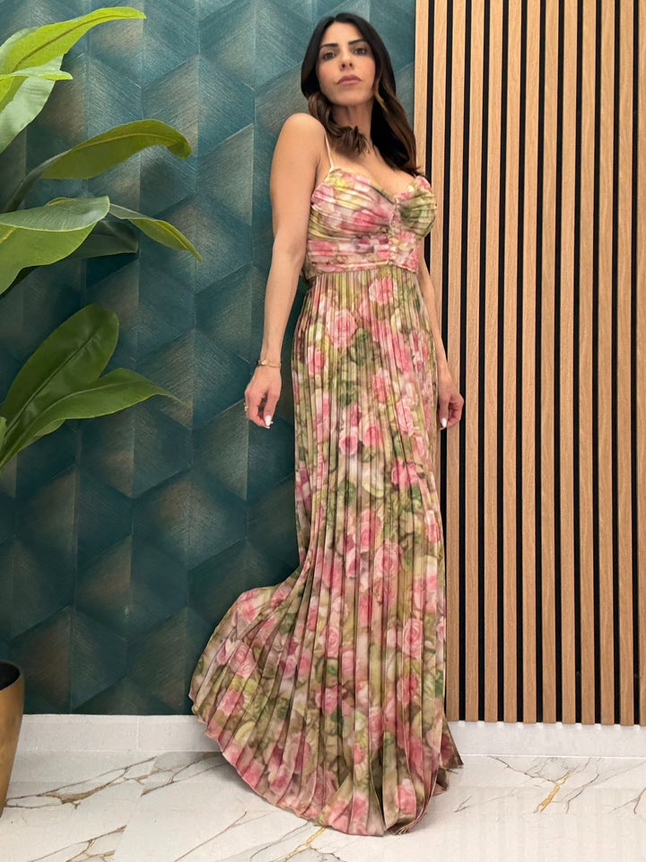 Sunset Siren Maxi Dress – Vibrant Plissé Elegance with Bow-Back Detail (50% OFF)