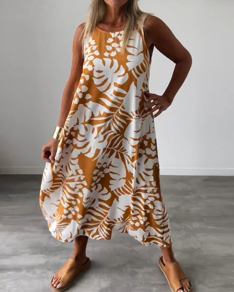 LUCY | Elegant Sleeveless Leaf-Print Midi Dress – Limited Summer Drop