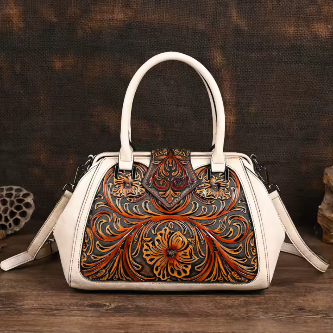Florina - Leather Handbag with Engraving and Floral Pattern