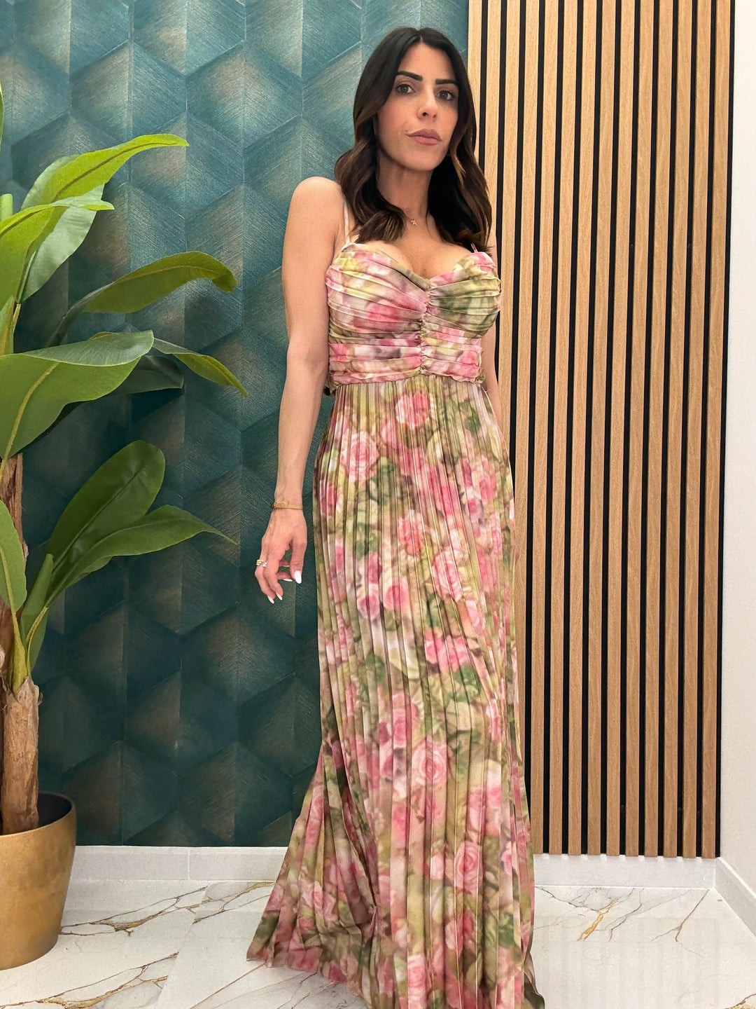 Sunset Siren Maxi Dress – Vibrant Plissé Elegance with Bow-Back Detail (50% OFF)