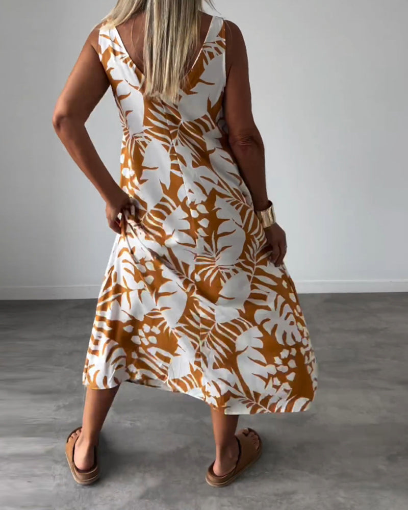 LUCY | Elegant Sleeveless Leaf-Print Midi Dress – Limited Summer Drop