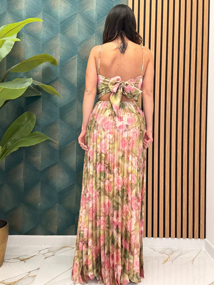 Sunset Siren Maxi Dress – Vibrant Plissé Elegance with Bow-Back Detail (50% OFF)