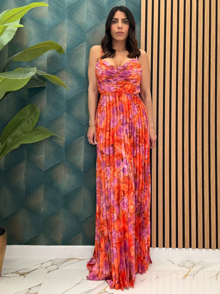 Sunset Siren Maxi Dress – Vibrant Plissé Elegance with Bow-Back Detail (50% OFF)