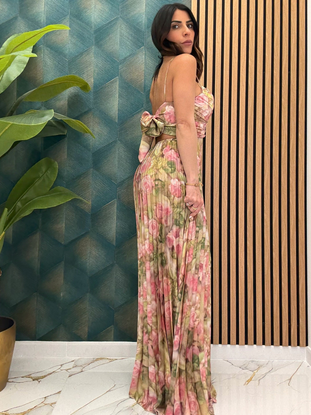 Sunset Siren Maxi Dress – Vibrant Plissé Elegance with Bow-Back Detail (50% OFF)