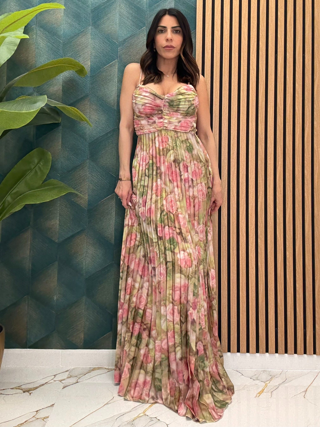 Sunset Siren Maxi Dress – Vibrant Plissé Elegance with Bow-Back Detail (50% OFF)