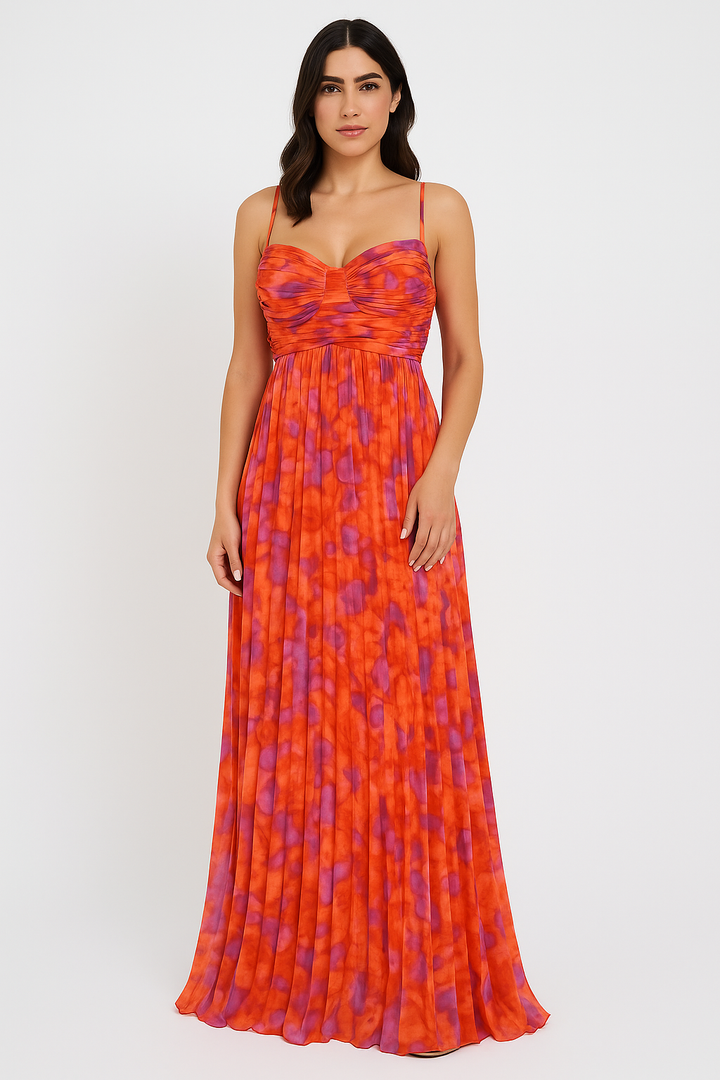 Sunset Siren Maxi Dress – Vibrant Plissé Elegance with Bow-Back Detail (50% OFF)